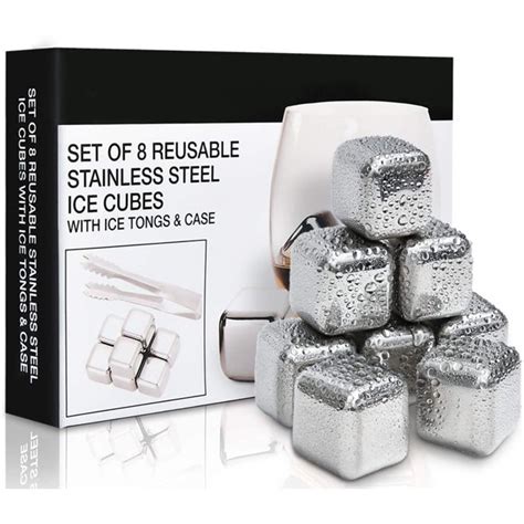 Reusable Ice Cubes Set of 8 Stainless Steel Stones with Storage 